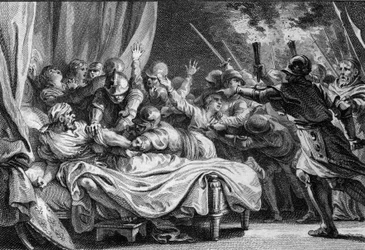 Fine della dinastia carolingia, 988: arresto di Carlo (953-991), duca di Bassa Lorena, da parte di Ugo Capeto (941-996) e del suo esercito. Incisione di Jean Michel Moreau, detto Moreau le Jeune (1741-1814)