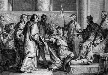 Erispoe (morto 857), Re di Bretagna, riceve gli ornamenti del regno dalle mani di Carlo II il Calvo (823-877), 851. Incisione di Jean Michel Moreau, detto Moreau le Jeune (1741-1814)