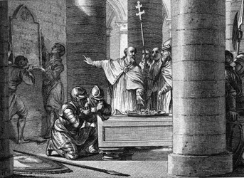 Fulrado (Fulrad), il grande cappellano di Pipino il Breve, offrì a Papa Stefano II le chiavi di quindici città prese dai Longobardi che avrebbero costituito la base dello stato pontificio (755). In ginocchio, i due figli di Pipino il Breve: Carlo e Carloma