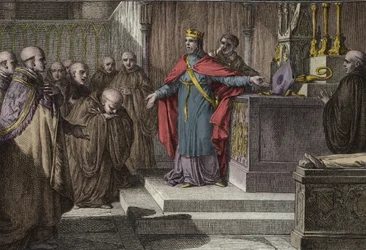 Ugo Capeto (941-996) ristabilisce le elezioni canoniche: il re dei Franchi permette ai monaci di eleggere i loro abati ponendo su un altare un pastorale e una mitra. Incisione di Jean Michel Moreau, detto Moreau le Jeune (1741-1814)