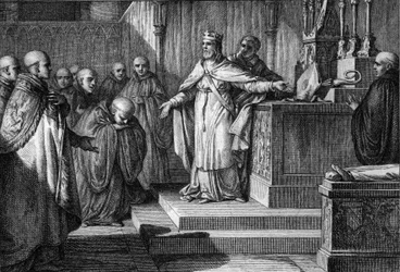 Ugo Capeto (941-996) ristabilì le elezioni canoniche: il re dei Franchi permise ai monaci di eleggere i loro abati ponendo su un altare un pastorale e una mitra. Incisione di Jean Michel Moreau, detto Moreau le Jeune (1741-1814)