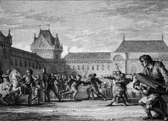 Istituzione dei paggi: formazione nelle mansioni fisiche e domestiche del mestiere di paggio. Periodo carolingio, regno di Carlo Magno, VIII-IX secolo. Incisione di Jean Michel Moreau, detto Moreau il Giovane