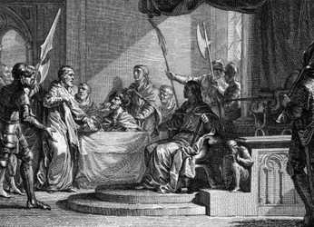 Interregno di Carlo Martello, 737: Carlo Martello, sindaco del Palazzo, interregno dopo la morte di Teodorico IV (713-737). Incisione di Jean Michel Moreau, detto Moreau il Giovane (1741-1814)