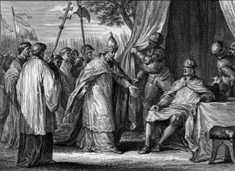 Intervista tra Papa Gregorio IV (morto 844) e Ludovico I il Pio o il Bonario (778-840), nel 833, per risolvere la disputa tra il re e i suoi figli, Lotario, Pepino e Ludovico. Incisione di Jean Michel Moreau, detto Moreau le Jeune (1741-1814)