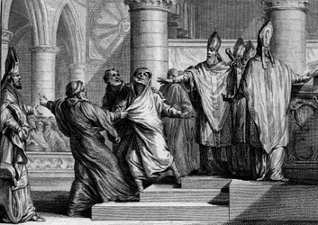 Penitenza e deposizione di Luigi I il Pio o il Bonario (778-840), 833: dopo aver confessato, il re viene spogliato degli ornamenti imperiali dall