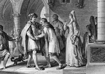 Filippo I (1052-1108), re dei Franchi, visita la corte del conte di Angiò, Foulques le Rechin (1042-1109). Questo viaggio è un pretesto per organizzare il suo matrimonio con Bertrada di Montfort (ca. 1070-1118), moglie del conte. 1095. Incisione di Jean Mi