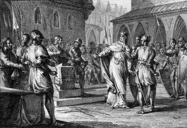 Rivolta contro Carlo III il Semplice da parte dei signori guidati da Roberto (865-923) che divenne re di Francia nel 922 come Roberto I, Soissons 920 (incisione)