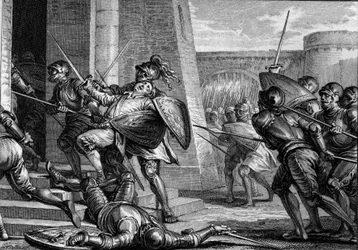 Roberto il Forte morì (circa 815-866), Duca di Francia, durante la Battaglia di Brissarthe, nel 866, opponendo i Franchi a un esercito combinato di Bretoni e Vichinghi. Incisione di Jean Michel Moreau, detto Moreau il Giovane