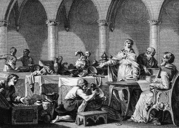 Divisione dei tesori di Dagoberto I (602/605-638), re dei Franchi, dopo la sua morte, sotto il controllo dei due sindaci del Palazzo Pipino di Landen e Aega. Incisione di Jean Michel Moreau, detto Moreau le Jeune