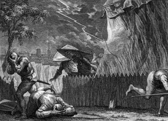 Assedio di Poitiers, 954: durante una tempesta, un fulmine distrusse la tenda di Ugo il Grande (897-956). Incisione di Jean Michel Moreau, detto Moreau le Jeune (1741-1814)