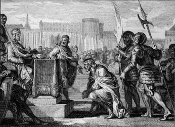 Tassilon III (742-794), Duca di Baviera, si prostra davanti a Carlo Magno (747-814), Re dei Franchi, a Ingelheim, 788. Fu condannato per tradimento e condannato a morte ma finì la sua vita in un monastero. Incisione di Jean Michel Moreau