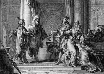 La principessa di Aquitania, Lampagie, fu costretta dal padre (Eudes) a sposare il capitano moresco Munuza (Uthman ibn Naissa) per assicurare la pace con i Saraceni, 730. Incisione di Jean Michel Moreau, detto Moreau le Jeune (1741-1814)