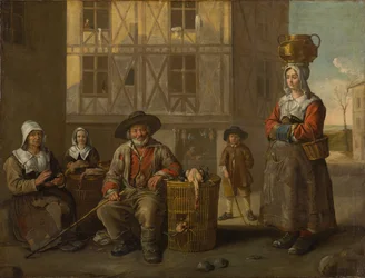 Un mercante di pollame e una vecchia che si scalda le mani, circa 1652
