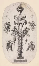 Design per un termine con la testa di donna, strapwork e trofei