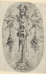Figura terminale maschile, testa con barba e turbante su un piedistallo a tre quarti, ca. 1543-45