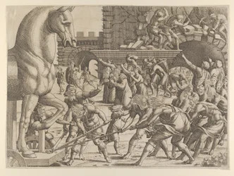 I Troiani portano il cavallo di legno nella loro città, 1535-55