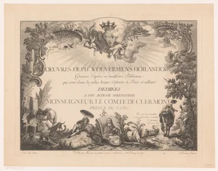 Pagina del titolo con figure e animali in un paesaggio, con il ritratto di Philips Wouwerman