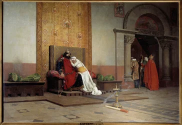 Scomunica di Roberto II il Pio nel 998. Il re di Francia, figlio di Ugo Capeto, si innamora e sposa sua cugina Berta di Borgogna nonostante la disapprovazione di papa Gregorio V, che lo scomunica. Jean Paul Laurens (1838-1921)