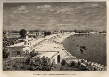 Chandernagor (attuale Chandannagar, nel Bengala Occidentale), sulle rive del Gange, incisione dal disegno di J.Moynet, illustrante il viaggio in India dei Rajah, nel 1864-1868, di Louis Rousselet, pubblicato in "Le tour du monde" 1874, a cura di Edouard Ch