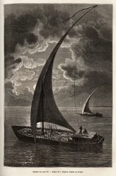 Le barche del Nilo superiore, equipaggio ridotto e passeggeri che dormono sul ponte, al chiaro di luna, incisione dal disegno di J. Moynet, che illustra il viaggio nel cuore dell