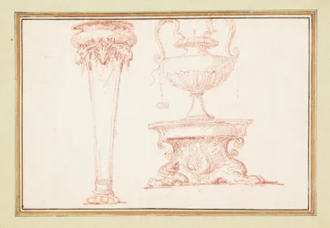 Disegno rilegato, un vaso e una lampada su un supporto, in Dessins d