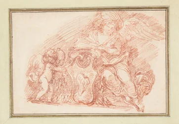 Figura alata e putto che sostengono uno scudo