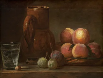Frutta, brocca e un bicchiere