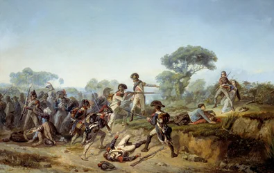 Guerra di Vandea, il cavaliere Charles de Bois-Hardy (Boishardy) che vuole salvare la sua amante (1795). Dipinto di Jean Soreuil (1824-1871)