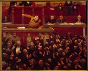 Il deputato socialista Jean Jaurès (1859-1914) alla tribuna della Camera dei deputati. Dipinto di Jean Veber (1868-1928), 1903. Parigi, Musée Carnavalet