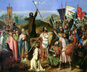 La processione a piedi nudi dei crociati intorno alle mura della città di Gerusalemme, 14 luglio 1099