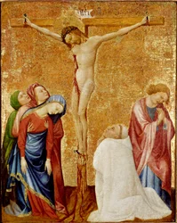 Calvario al monaco certosino. Le tre vergini e San Giovanni circondano la croce. Un monaco certosino si inginocchia ai piedi di Cristo. Dipinto di Jean de Beaumetz