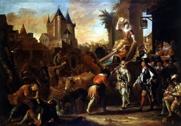 Arrivo dei comici a Le Mans Dipinto che illustra "The Comic Roman" di Paul Scarron (1610-1660). Dipinto di Jean-Baptiste Coulom (o Coulon) (ca. 1695-1735)