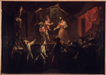 Successi deplorevoli di questo pezzo. Uno dei giocatori di palma, a cui erano stati derubati i vestiti, dà una grande racchetta a La Rapiniere. Dipinto che illustra “Il Romanzo Comico” di Paul Scarron (1610-1660). Olio su tela di Jean-Baptiste Coulom (o Co