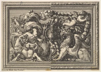 Design per un pannello con due varianti contenenti un ippocampo e un grifone, da: Ornements..., 1651