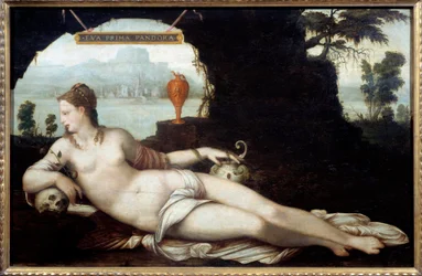 Eva Prima Pandora, raffigurazione di una donna che unisce le caratteristiche di Eva e Pandora, le quali entrambe portano ogni male sulla terra. Dipinto «Vanite» di Jean Cousin, detto il Vecchio (1490-1560), XVI secolo. Dimensioni: 0,97 x 1,5 m.
