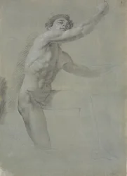 Modello visto di fronte, inginocchiato sul ginocchio destro; non completato