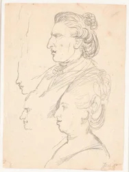 Ritratti di profilo della regina Caroline Mathilde, J.F. Struensee e Enevold Brandt, e uno schizzo, forse di Juel stesso. Tutti di profilo a sinistra