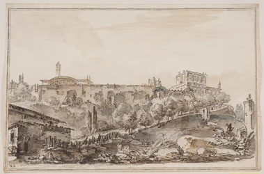 Veduta della città con palazzo e chiesa circondati da mura