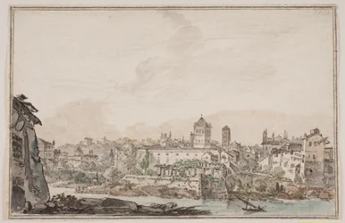 Veduta della città con case e chiesa vicino al fiume. Roma antica