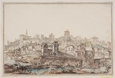 Veduta di città con case e chiesa vicino al fiume. Roma antica