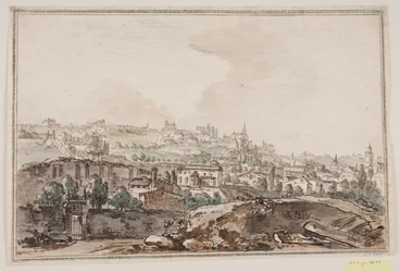 Veduta della città con case e muro vicino al fiume; sullo sfondo chiese e palazzi