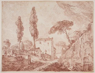 Paesaggio fantastico italiano con alberi e case
