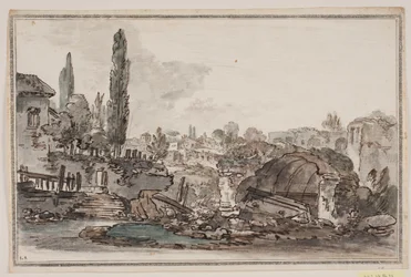 Prospettiva con alberi alti, edifici e rovine