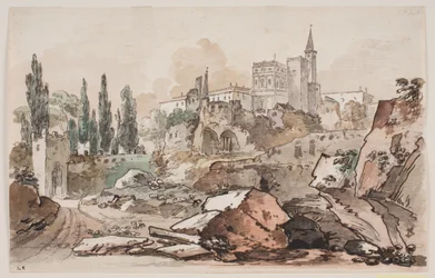 Prospettiva con palazzo circondato da alberi e rocce