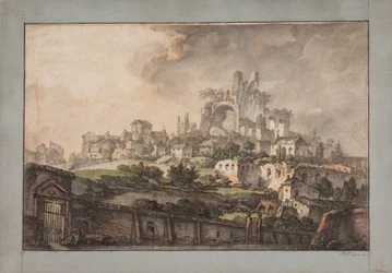 Prospetto romano con muro in primo piano, chiesa e rovina sullo sfondo