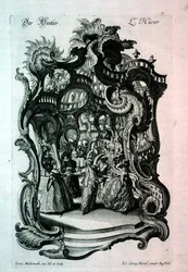 Inverno, spartito rococò che raffigura un ballo in maschera, pub. da Johann Georg Hertel