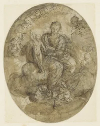 Madonna con bambino tra angeli sulle nuvole