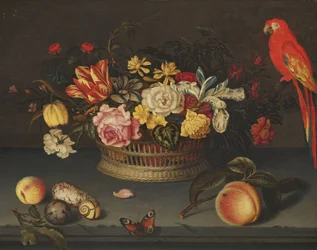 Natura morta con cesto di fiori e pappagallo