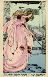 La Fata Morgana ruba Excalibur per il suo amante per usarla contro Re Artù. Illustrazione di Jessie Marion King (1875-1949) per il libro "The High History of the Holy Grail" di Perceval il Gallese, cavaliere della tavola rotonda di Sebastian Evans (1830)