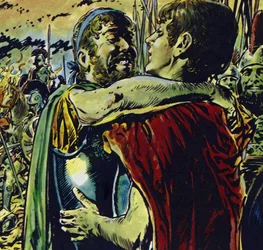 Alessandro si unisce al padre in battaglia contro i Greci (litografia a colori)